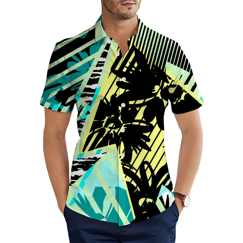 HX Mados Mens Marškinėliai Tropinių Augalų Lapai Juostele 3D Atspausdintas Trumpas Rankovės Marškinėliai Vyrams Vasaros Atsitiktinis Paplūdimio Viršūnes Camisas